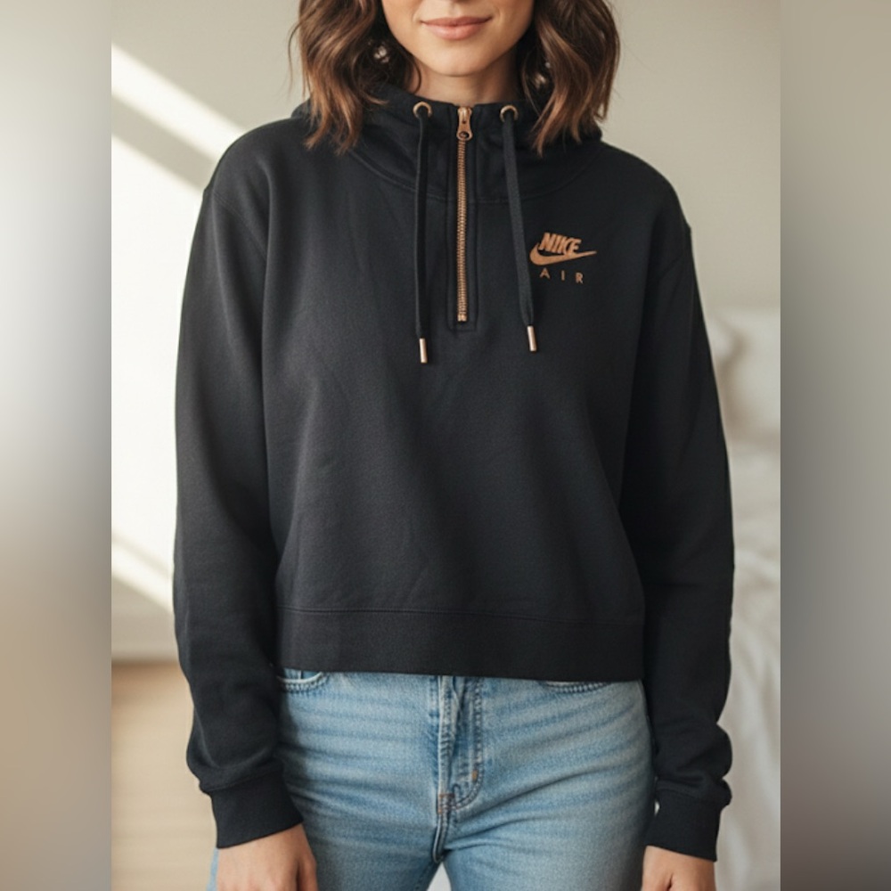 SOLD Nike Women's Black and Gold Quarter-Zip Hoodie